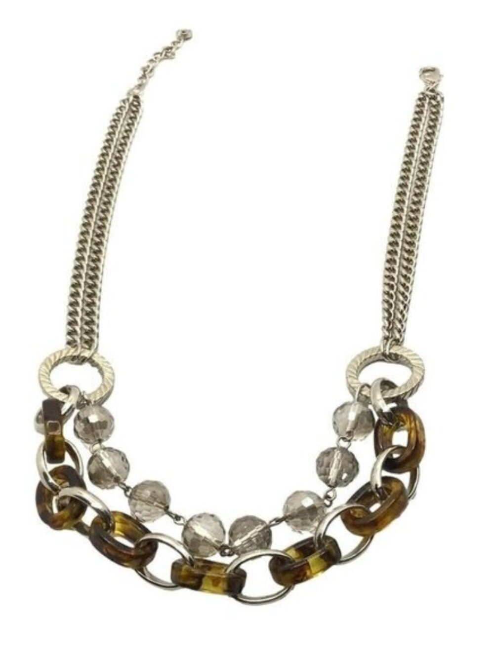 Ann Taylor LOFT Necklace Two Tier Beaded Tortoise Shell Chain Link Silver Tone - Picture 3 of 4
